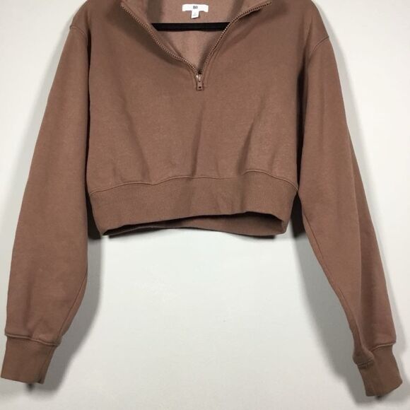 BP Brown Preppy Minimalist Neutral Clean Girl Cropped Collared Sweatshirt M - Picture 3 of 9